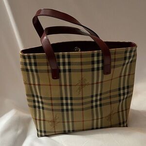 Burberry Beige Plaid Tote with Burgundy Handles
